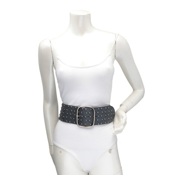 Wide Faux Leather Studded Belt Navy Steel Blue Silver Club Retro Vegan Hip - Picture 3 of 12